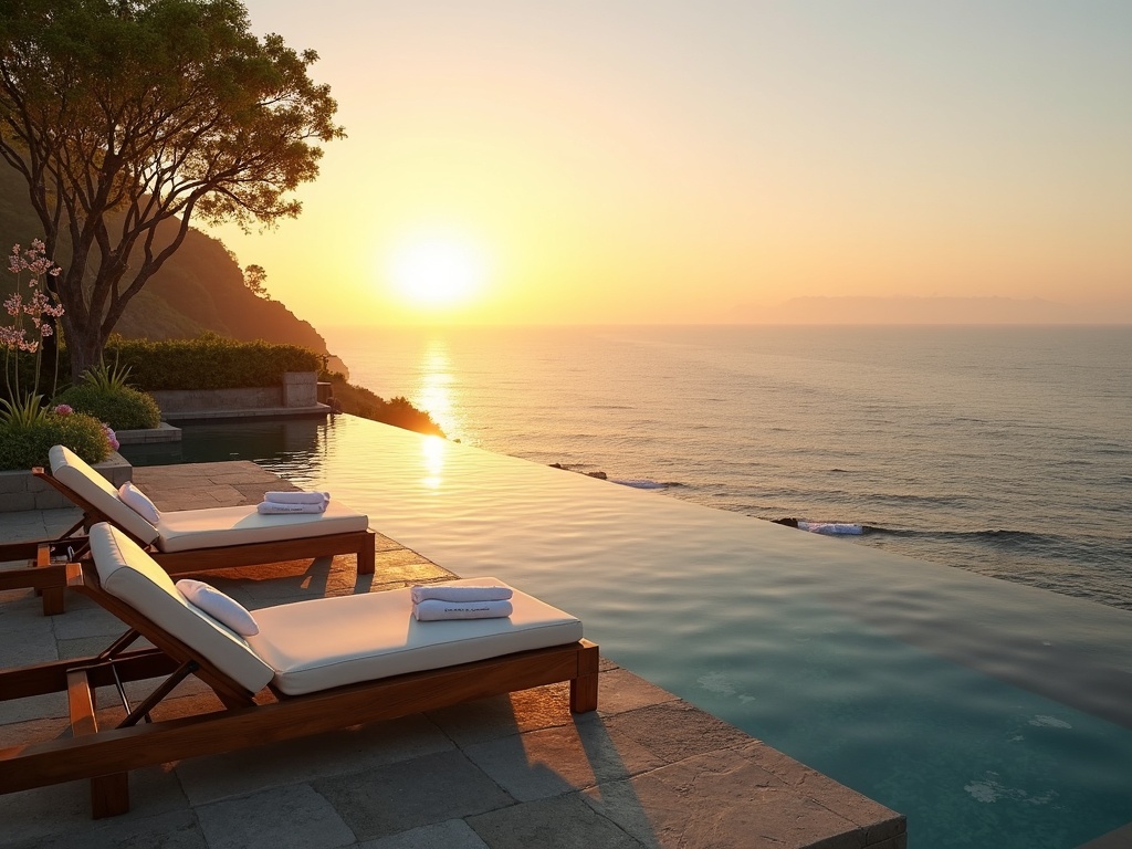 Infinity pool and terrace of a luxury Bali villa at dusk