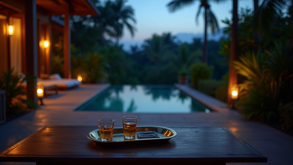 Chauffeured luxury car waiting at a private Bali villa forecourt at golden hour